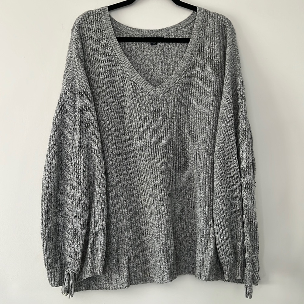 AE Grey Knit Sweater w/ Tie Up Detail Wide Sleeves (XL)